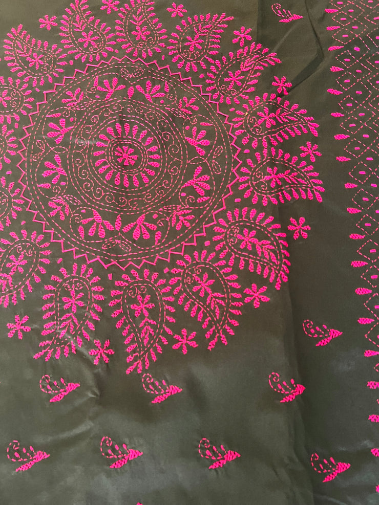Black Raw Silk Kantha Hand Stitch Saree