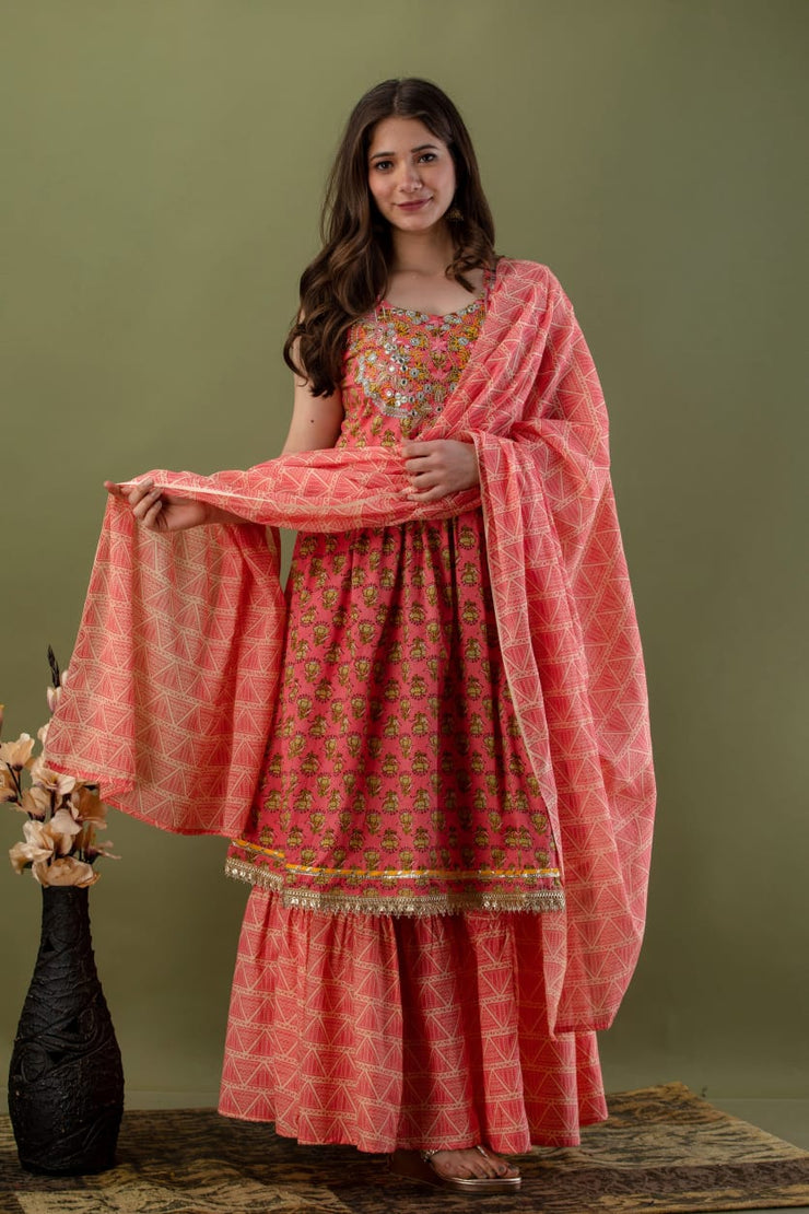 Peach Pink Peplum Kurta With Sharara and Mulmul Cotton Dupatta