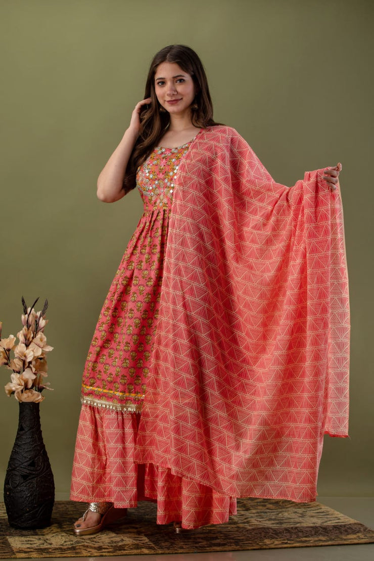 Peach Pink Peplum Kurta With Sharara and Mulmul Cotton Dupatta