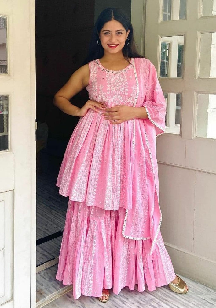 Baby pink peplum kurta with sharara and cotton dupatta