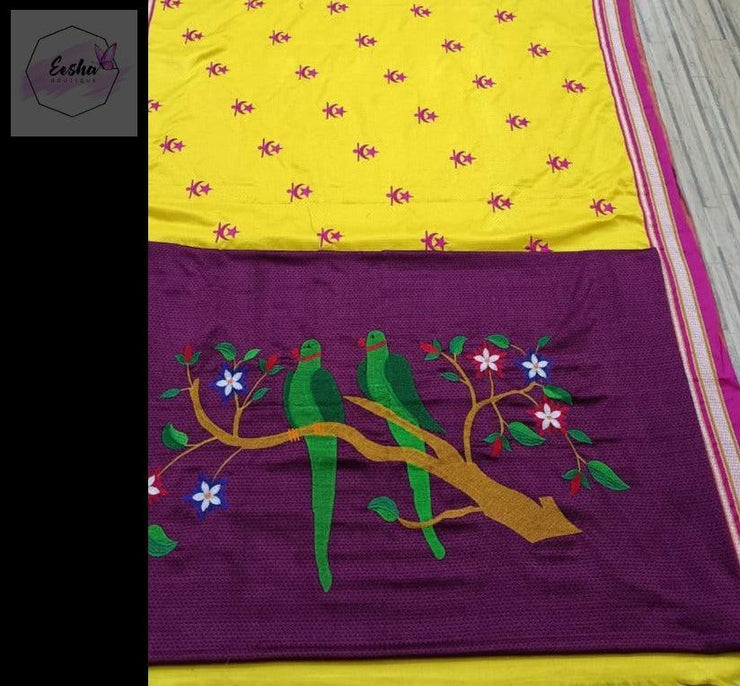 Yellow Handloom Resham Blended Silk Cotton Khun Saree - Parrot Embroidery -  by EeshaBoutique - gshop