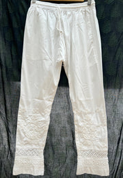 White Cotton Lycra Cigarette Pant - Lace
