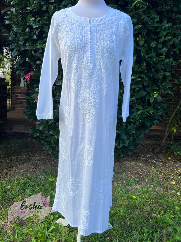 White Cotton Tunic - Hand Embroidered Chikankari Kurta