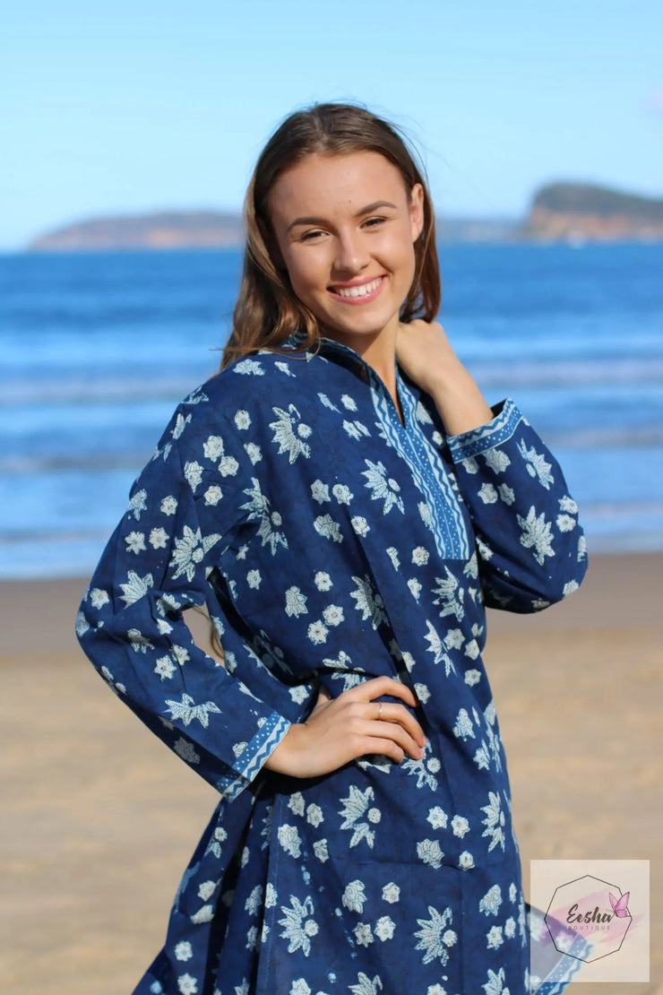 Sunflower Indigo Blue Cotton Hand Block Print Tunic