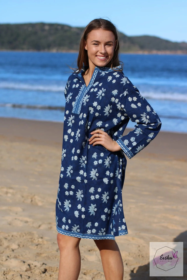 Sunflower Indigo Blue Cotton Hand Block Print Tunic