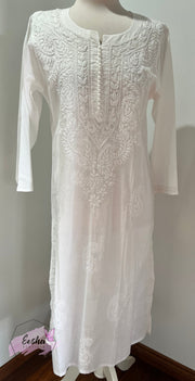 White Cotton Tunic - Hand Embroidered Chikankari Kurta