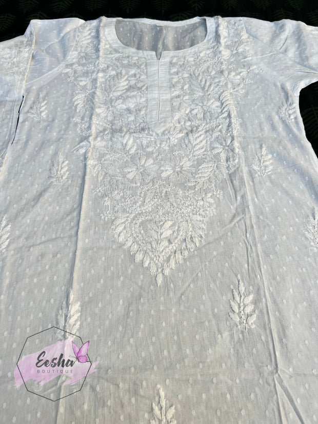 White Dobby Cotton Tunic - Hand Embroidered Chikankari Kurta