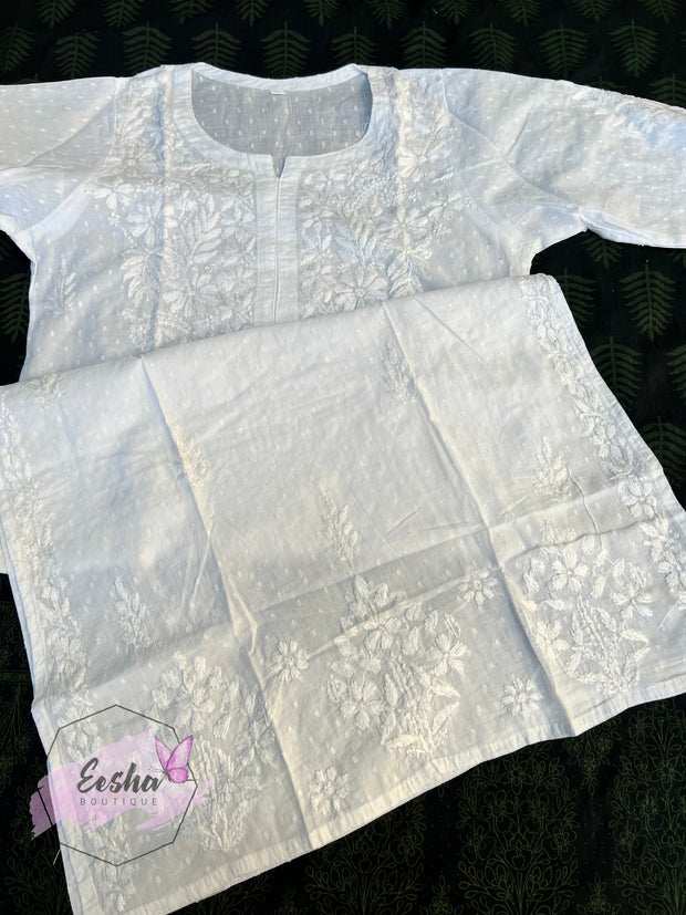 White Dobby Cotton Tunic - Hand Embroidered Chikankari Kurta