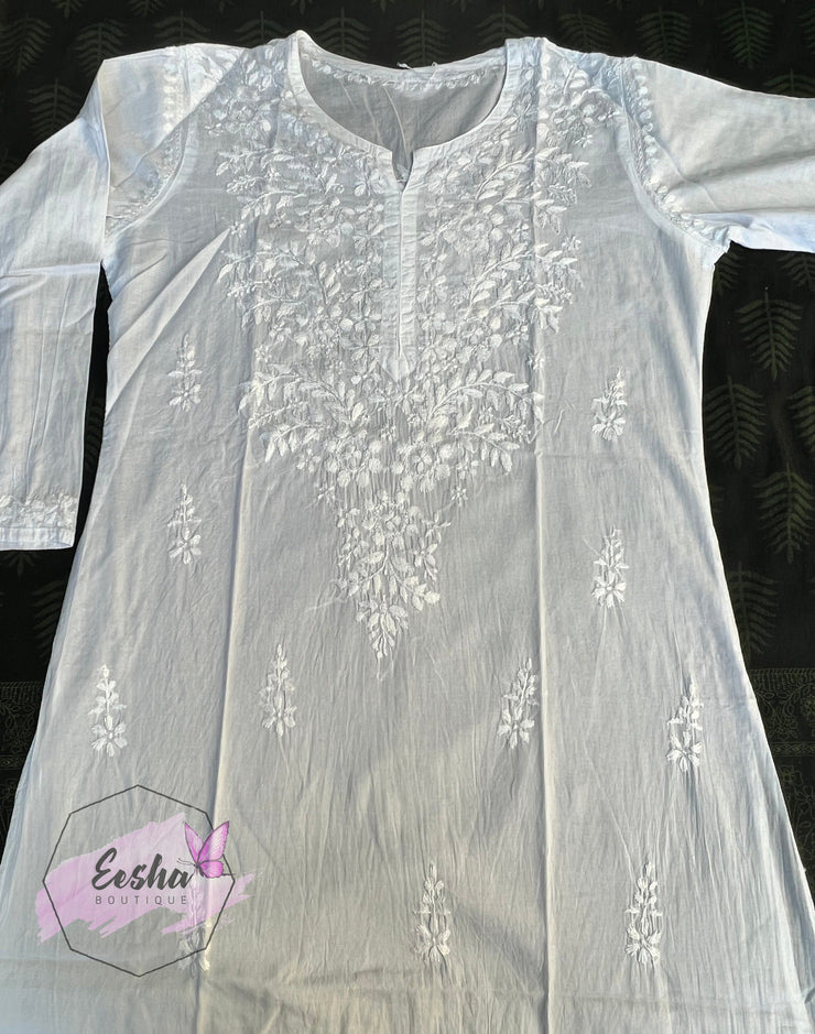 White Cotton Tunic - Flora - Hand Embroidered Chikankari Kurta