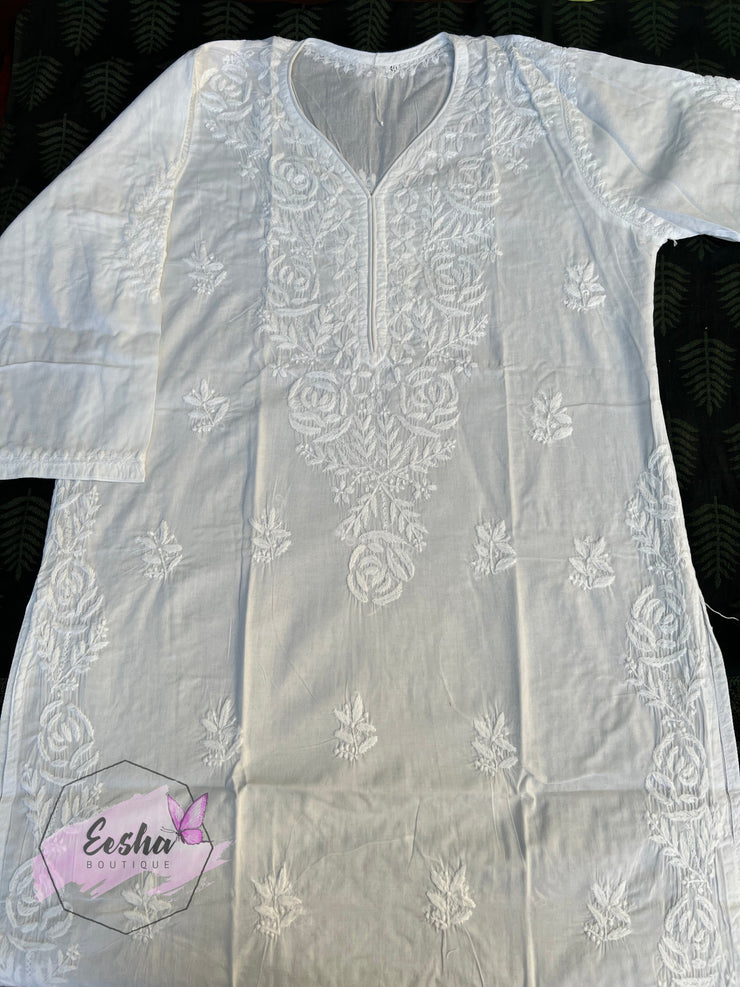 White Cotton Tunic - Rose - Hand Embroidered Chikankari Kurta
