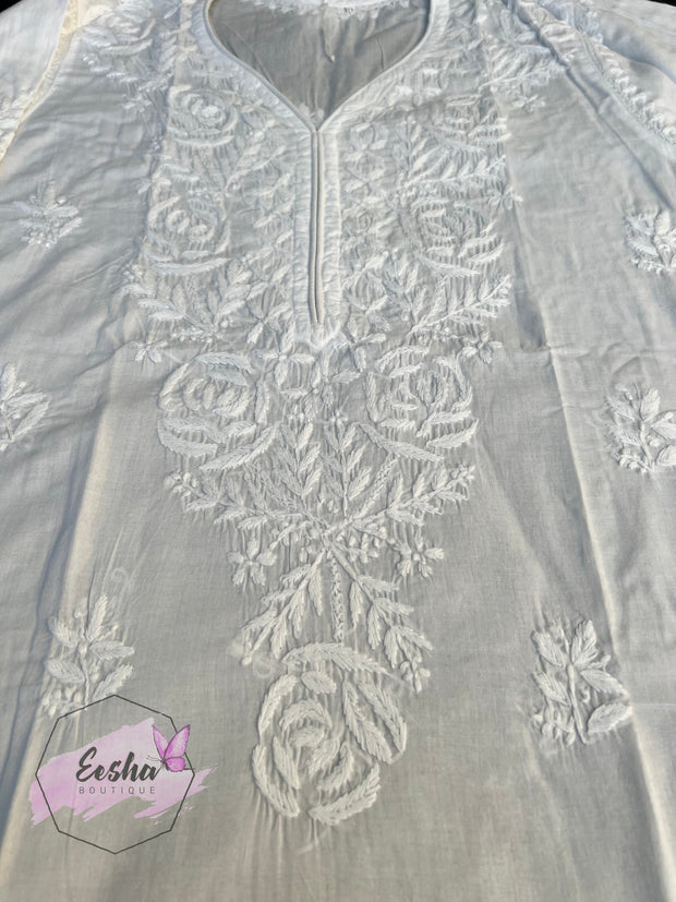White Cotton Tunic - Rose - Hand Embroidered Chikankari Kurta