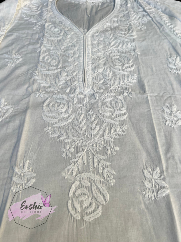 White Cotton Tunic - Rose - Hand Embroidered Chikankari Kurta