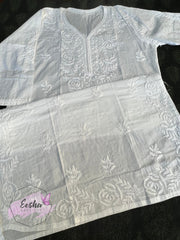 White Cotton Tunic - Rose - Hand Embroidered Chikankari Kurta