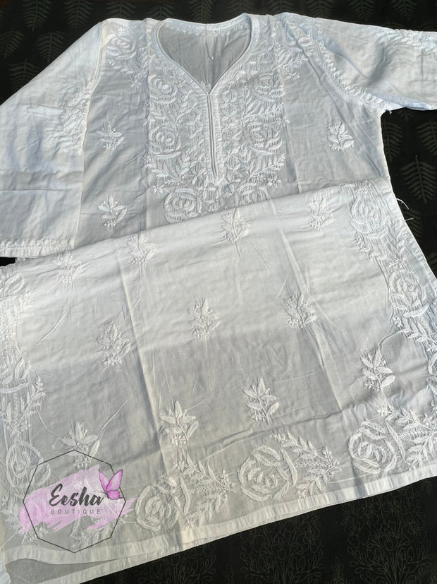 White Cotton Tunic - Rose - Hand Embroidered Chikankari Kurta