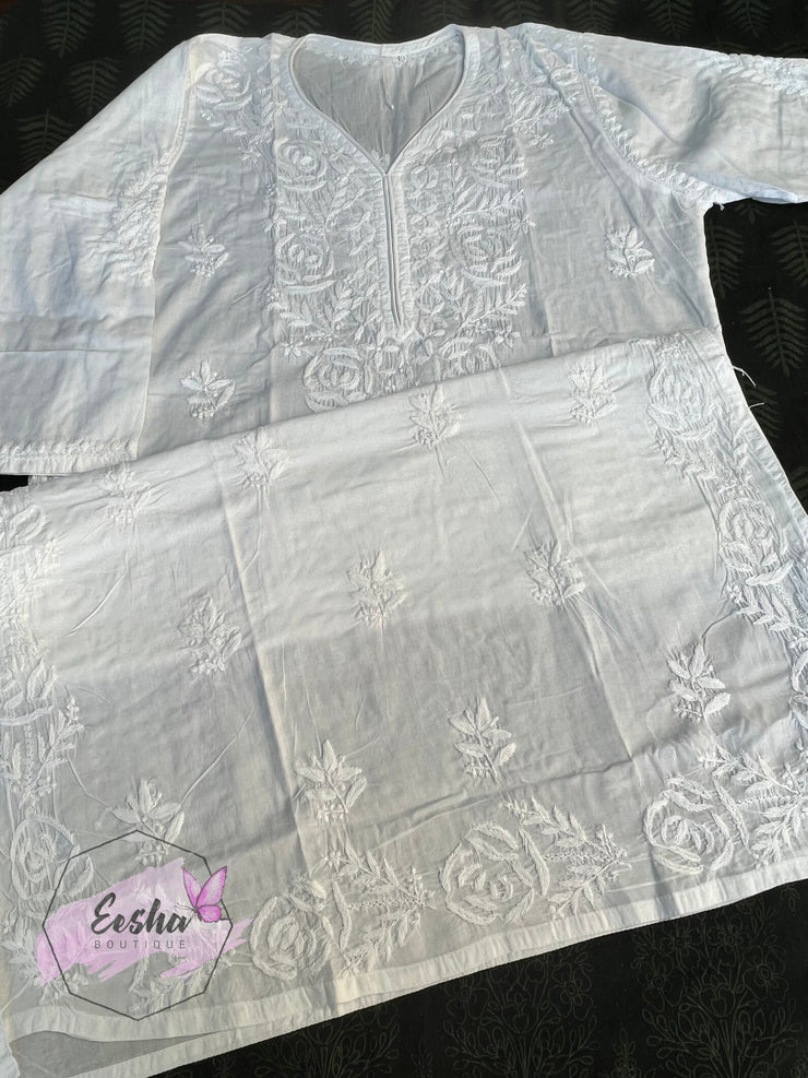 White Cotton Tunic - Rose - Hand Embroidered Chikankari Kurta