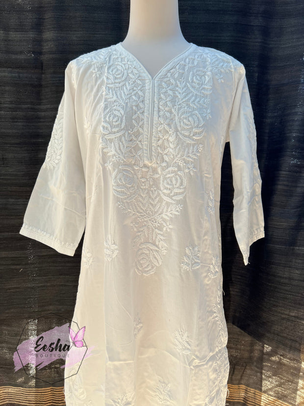 White Cotton Tunic - Rose - Hand Embroidered Chikankari Kurta