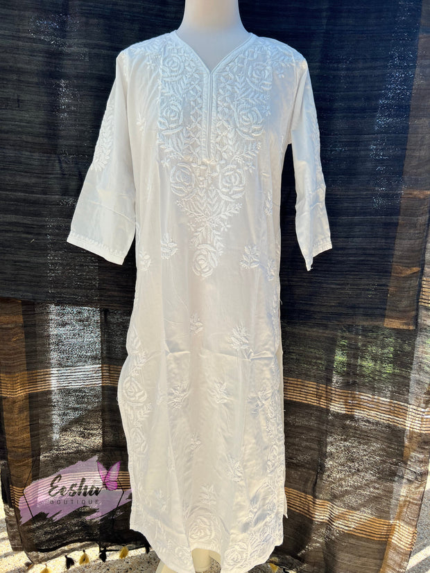 White Cotton Tunic - Rose - Hand Embroidered Chikankari Kurta