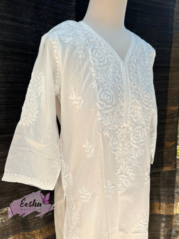 White Cotton Tunic - Rose - Hand Embroidered Chikankari Kurta