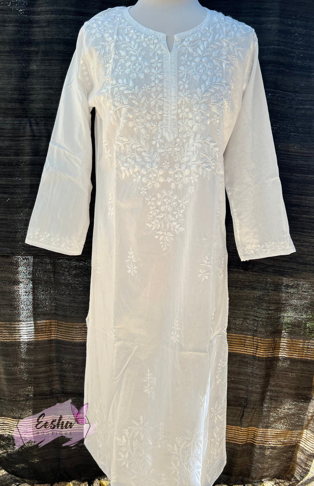 White Cotton Tunic - Flora - Hand Embroidered Chikankari Kurta