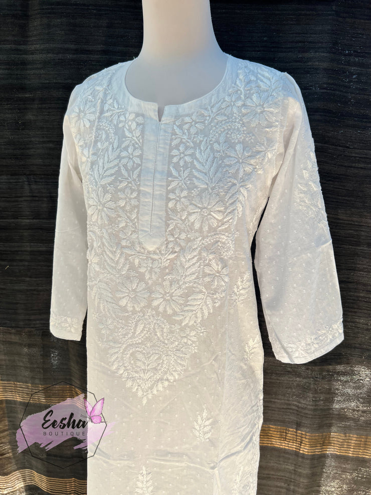 White Dobby Cotton Tunic - Hand Embroidered Chikankari Kurta