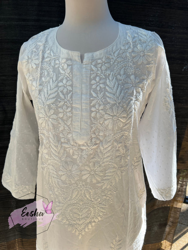 White Dobby Cotton Tunic - Hand Embroidered Chikankari Kurta