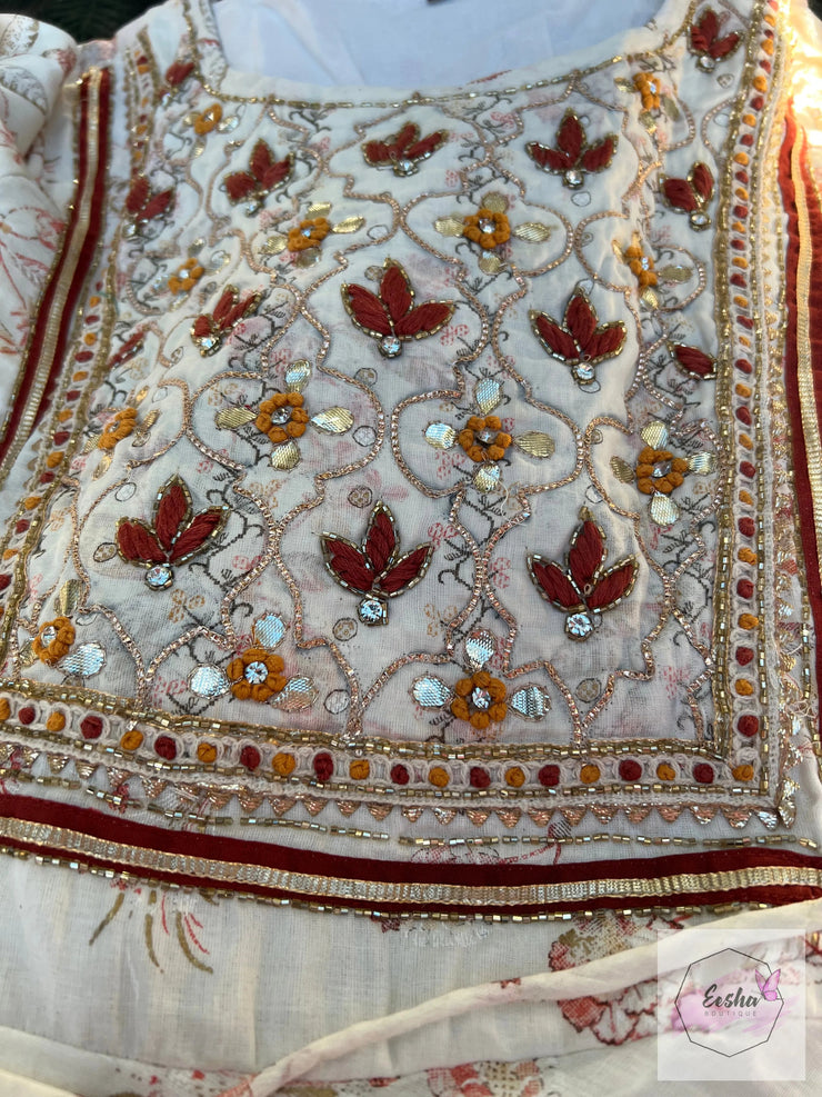 Off White Mulmul Cotton Floral Anarkali Long Dress Suit - Set of 3