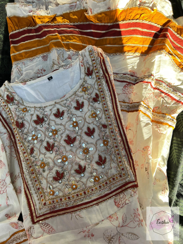 Off White Mulmul Cotton Floral Anarkali Long Dress Suit - Set of 3