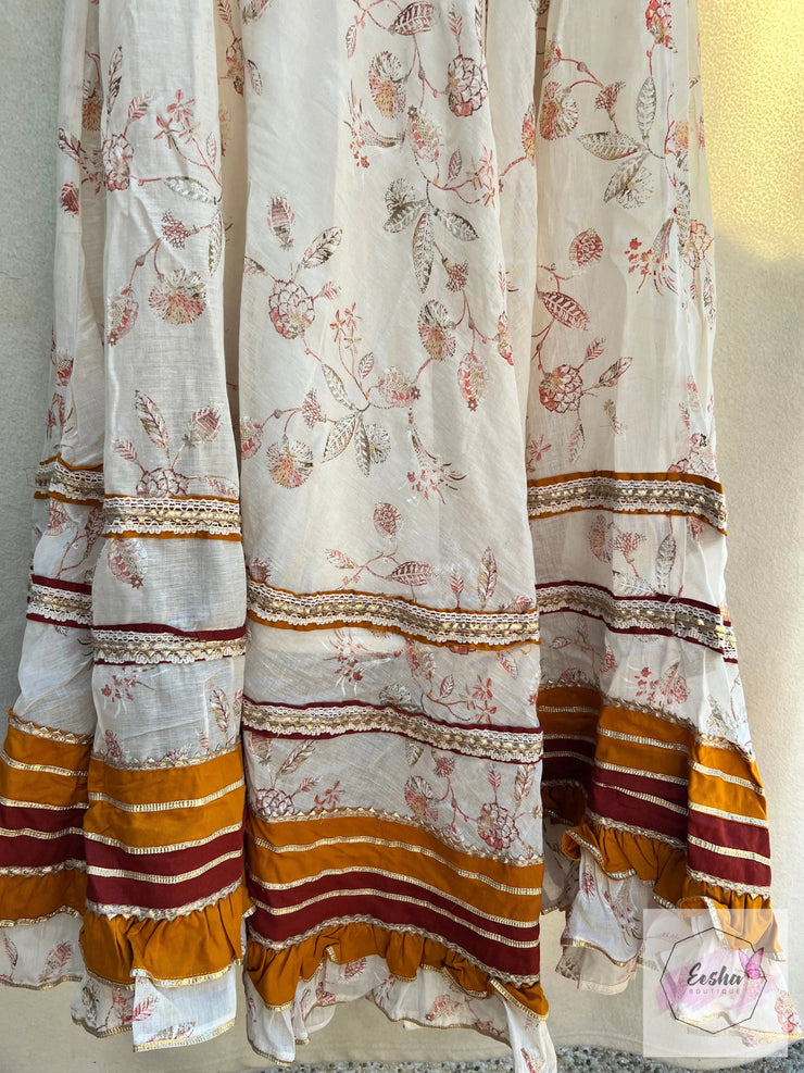 Off White Mulmul Cotton Floral Anarkali Long Dress Suit - Set of 3