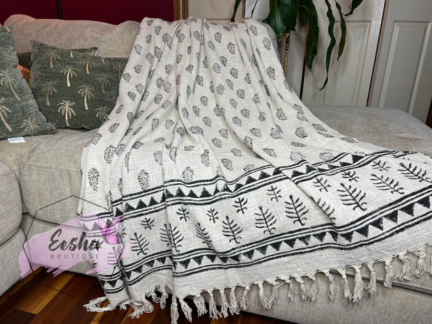 Beige handloom organic Indian cotton throw with tassels