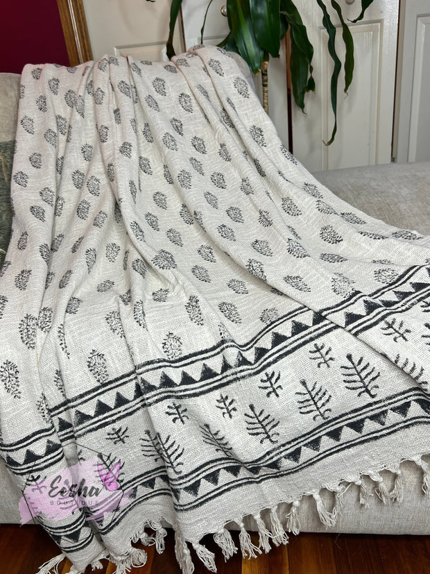 Beige handloom organic Indian cotton throw with tassels