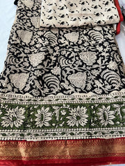 Black Floral Maheshwari silk hand block print saree