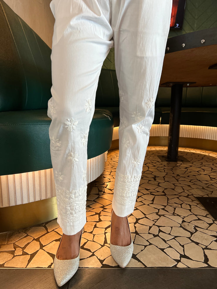 White Straight Chikankari Pant - Rekha