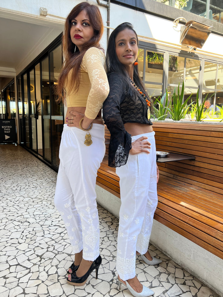 White Cotton Straight Chikankari Pant - Paisley