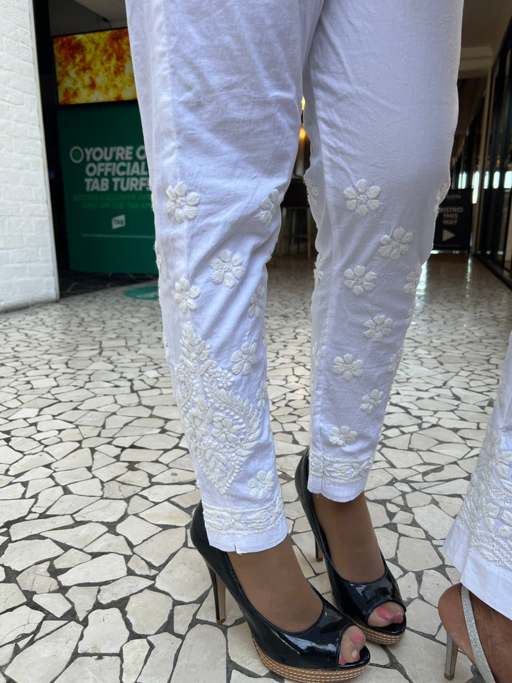 White Cotton Straight Chikankari Pant - Paisley