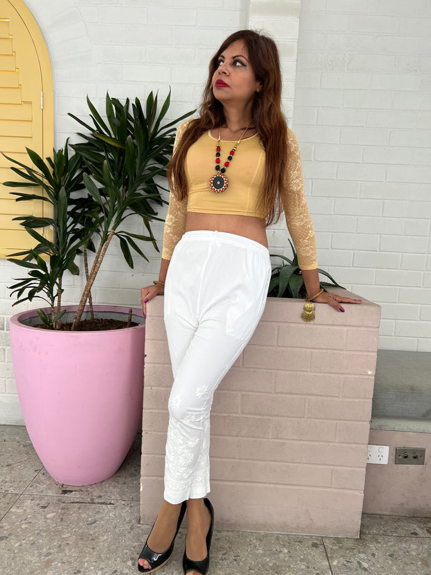 White Cotton Straight Chikankari Pant - Flora