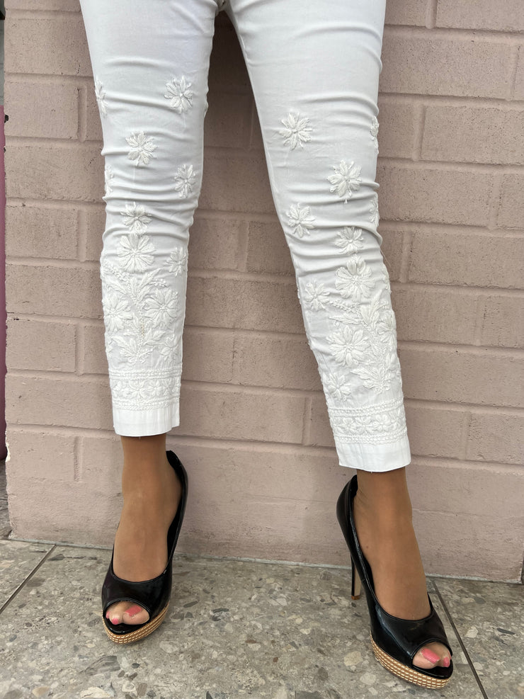 White Cotton Straight Chikankari Pant - Flora