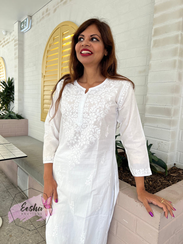 White Cotton Tunic - Flora - Hand Embroidered Chikankari Kurta