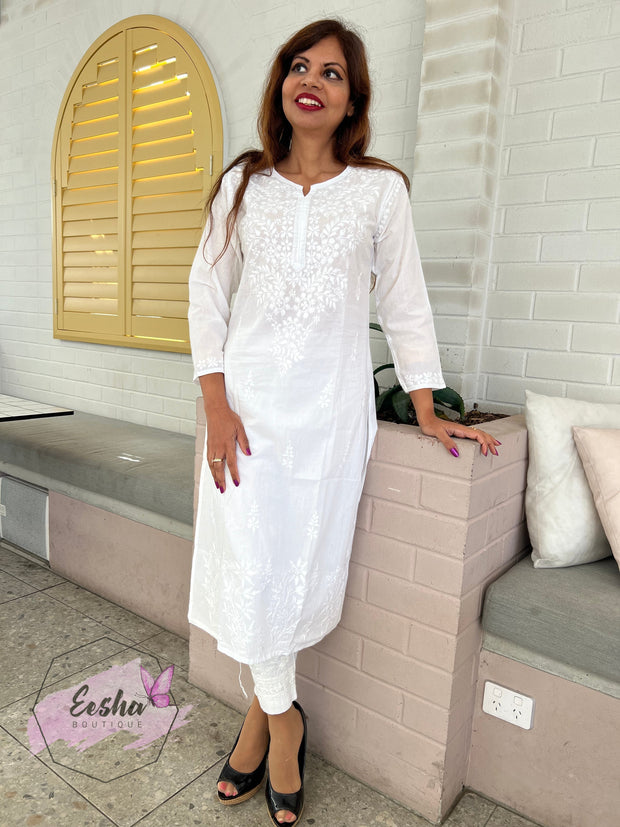 White Cotton Tunic - Flora - Hand Embroidered Chikankari Kurta