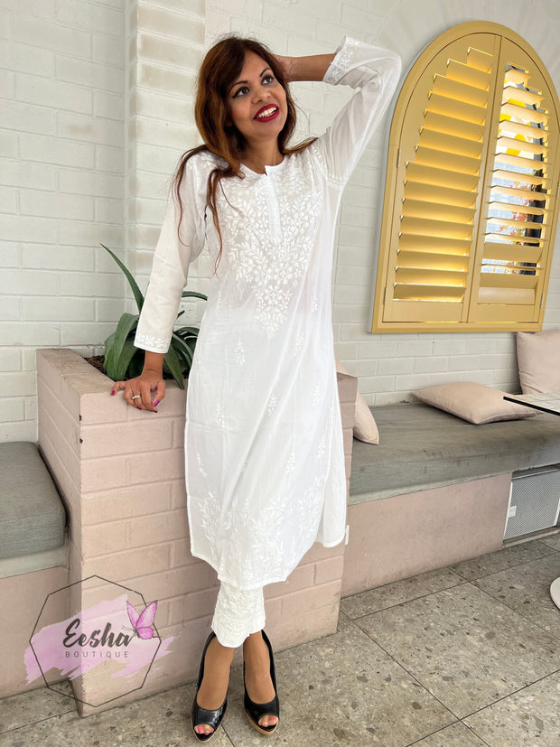 White Cotton Tunic - Flora - Hand Embroidered Chikankari Kurta