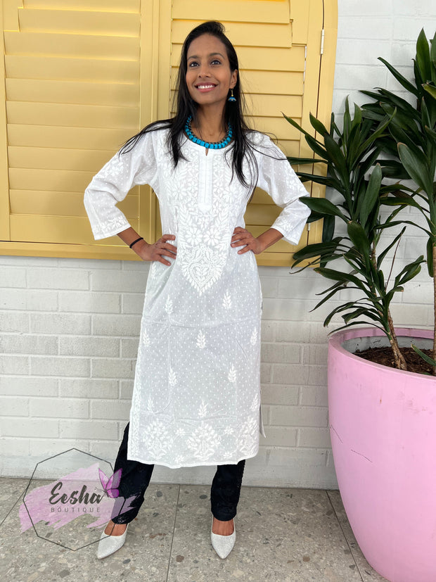 White Dobby Cotton Tunic - Hand Embroidered Chikankari Kurta