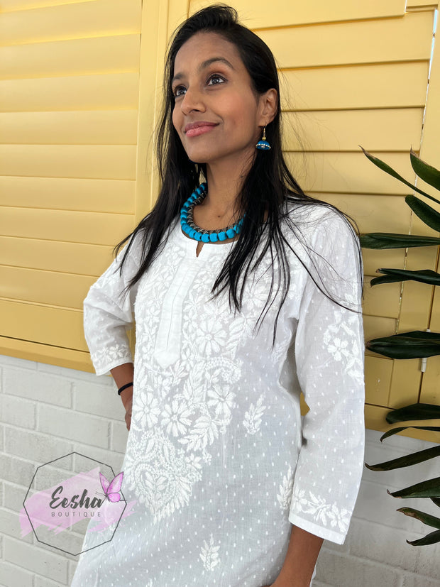 White Dobby Cotton Tunic - Hand Embroidered Chikankari Kurta