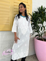 White Dobby Cotton Tunic - Hand Embroidered Chikankari Kurta