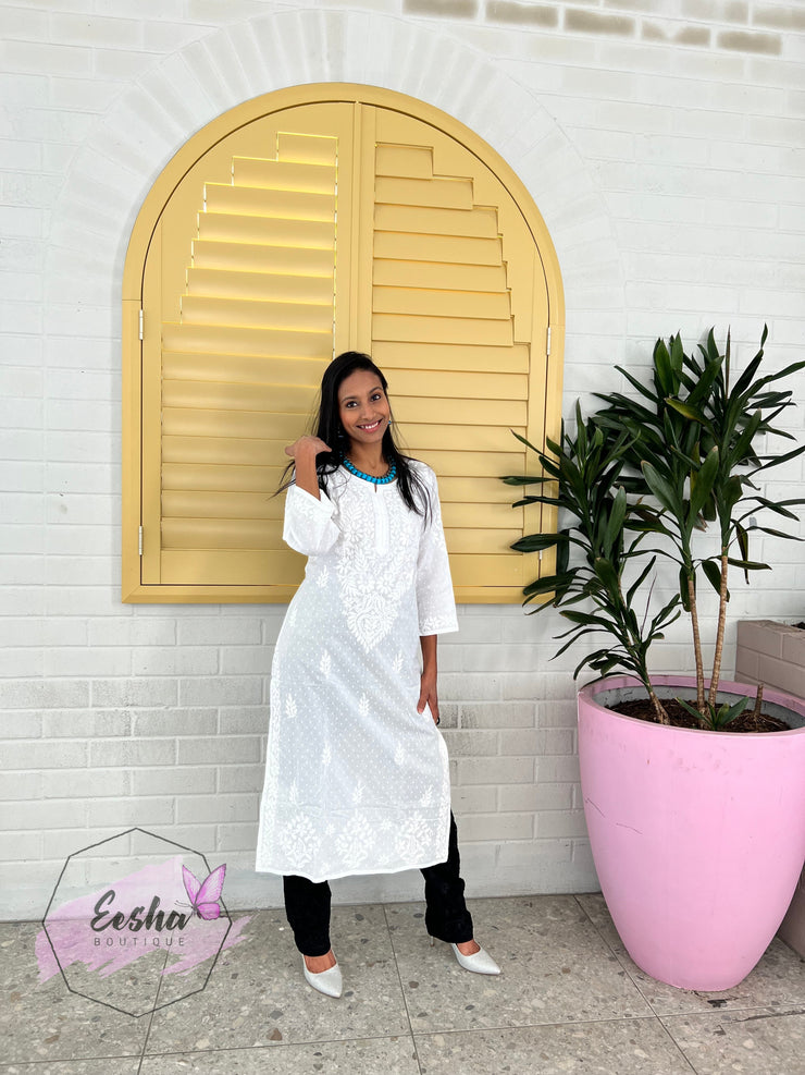 White Dobby Cotton Tunic - Hand Embroidered Chikankari Kurta