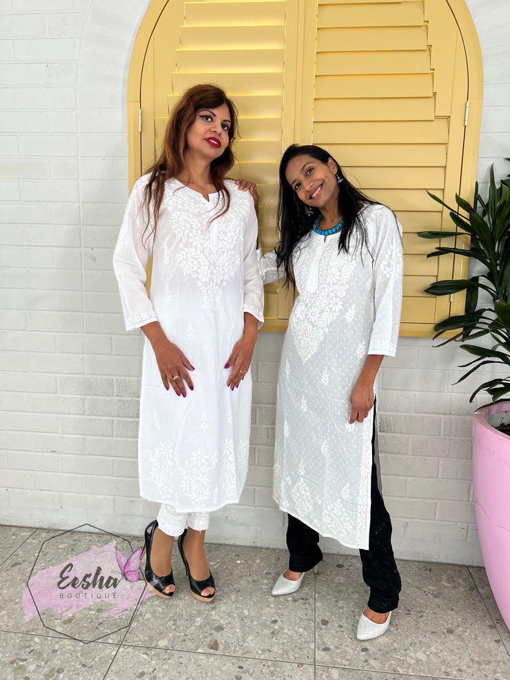 White Dobby Cotton Tunic - Hand Embroidered Chikankari Kurta