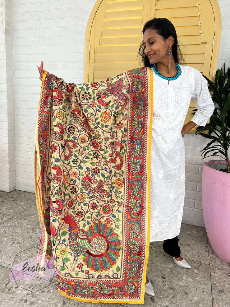 Madhubani Peacock Chanderi Silk Kantha Hand Embroidered Shawl Dupatta
