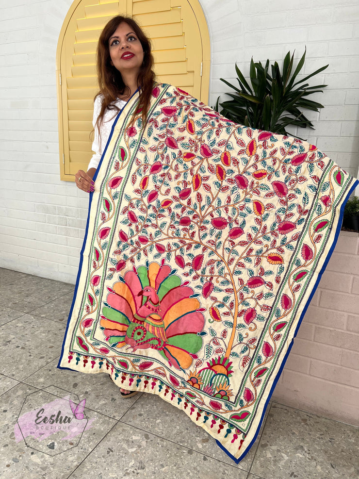 Peacock Chanderi Silk Kantha Hand Embroidered Shawl Dupatta