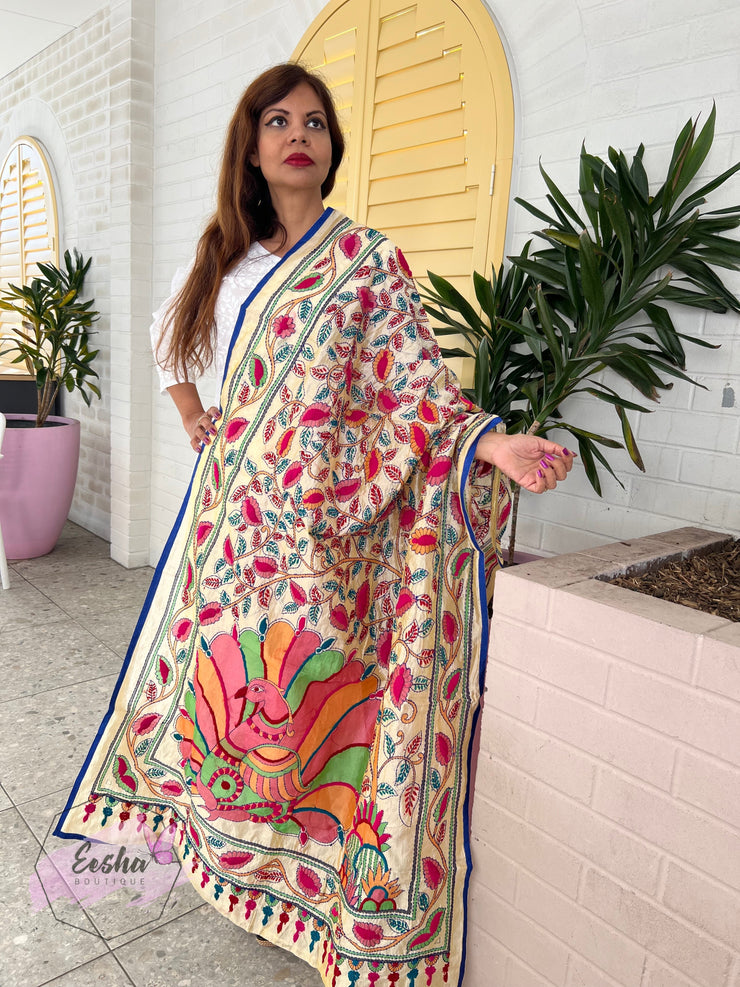 Peacock Chanderi Silk Kantha Hand Embroidered Shawl Dupatta