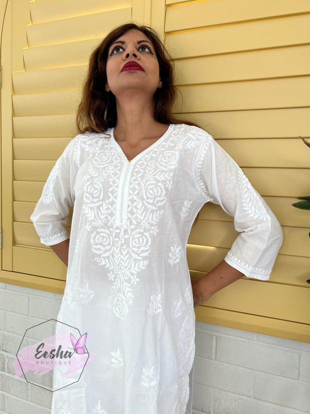 White Cotton Tunic - Rose - Hand Embroidered Chikankari Kurta