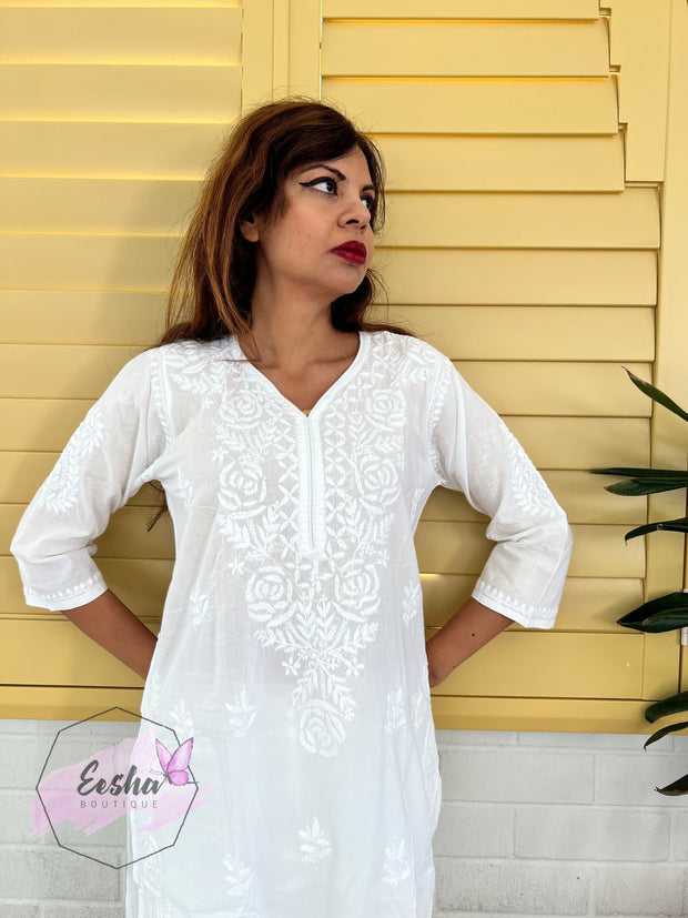 White Cotton Tunic - Rose - Hand Embroidered Chikankari Kurta