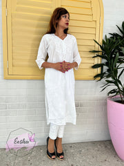 White Cotton Tunic - Rose - Hand Embroidered Chikankari Kurta